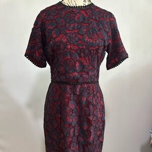 Charles Henry Blue and Red Sheath Midi Dress. Med Petite. Lined